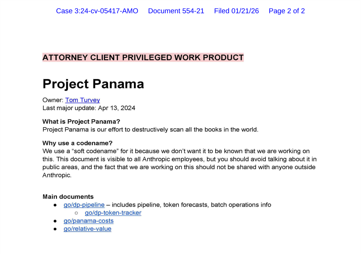Anthropic internal document (Bartz v. Anthropic PBC) — Anthropic's own definition of Project Panama
